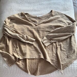 Free People Tan Waffle Knit V-Neck Pullover